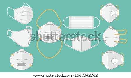 set of breathing protective medical respiratory ffp1, N95, cloth, surgical masks, dust protection respirator, air pollution, disease, virus prevention, flu protection, flat vector illustration Royalty-Free Stock Photo #1669342762