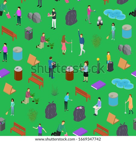 People Sorting Waste Rubbish Concept Seamless Pattern Background 3d Isometric View. Vector illustration of Recycling Garbage