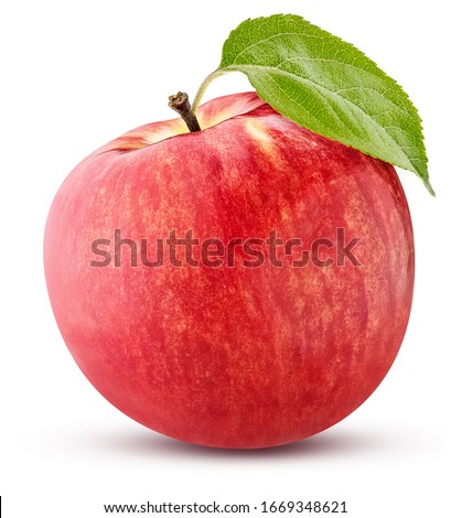 ripe red apple with a green leaf isolated on white background