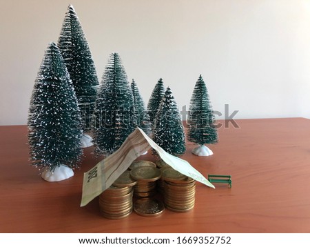 Coins and a banknote simulating the shape of a house with forest model in the background