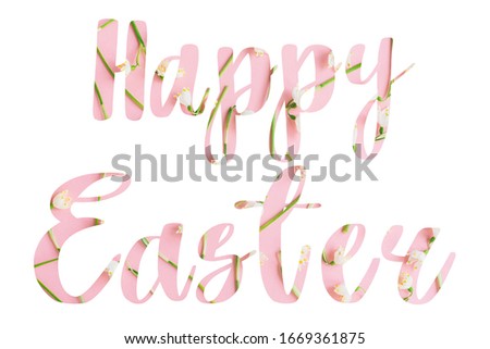Happy Easter. Happy Easter floral text with white spring flowers on pink background, lettering isolated on white. Floral greeting card or poster template.