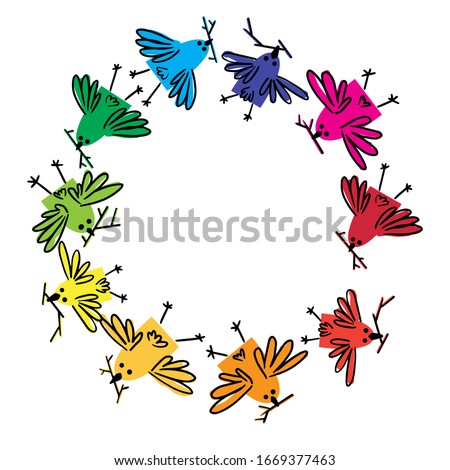Colorful round frame of spring birds of all colors of the rainbow birds build nests. Spring mood. Doodle style. Vector illustration