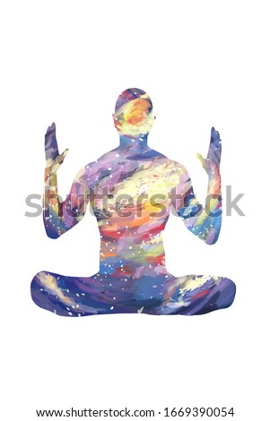 Man's galaxy- silhouette in lotus meditation pose. Clip art on white background