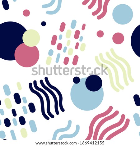 Abstract fun hand drawn geometric shapes in dark blue,light blue, pale pink and lemon colors.Trendy flat style design seamless pattern stock vector illustration for wrapping paper, textile, wallpaper