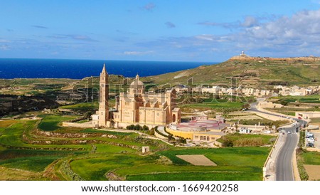 Aerial view over Basilica Ta Pinu in Gozo - a national shrine - aerial photography
