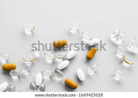 Pills, capsules and probiotics, healthcare and medicine for virus protection, close-up