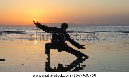 Silhouette of man practicing energy exercises at sunset by the sea Royalty-Free Stock Photo #1669430758