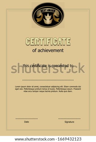 Certificate of achievement with Best award logo, gold ribbon and royal crown symbol, elegant luxurious template with text sample, vector design A4 compatible