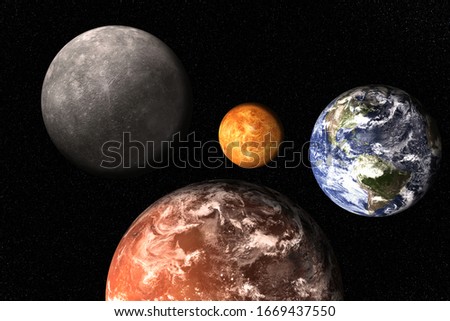 Planets of solar system together in space. Earth, Mars, Venus, Mercury. Science fiction wallpaper. Elements of this image were furnished by NASA.