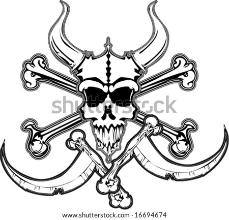 horned beast skull pirate with crossed bones and crossed scythes with bone handles vector illustration