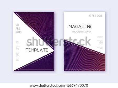 Triangle cover design template set. Violet abstract lines on dark background. Interesting cover design. Amazing catalog, poster, book template etc.