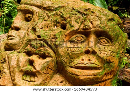 A striking Olmec head sculpture emerges from the lush Amazonian rainforest in Ecuador, symbolizing the rich cultural history of this ancient civilization. Royalty-Free Stock Photo #1669484593
