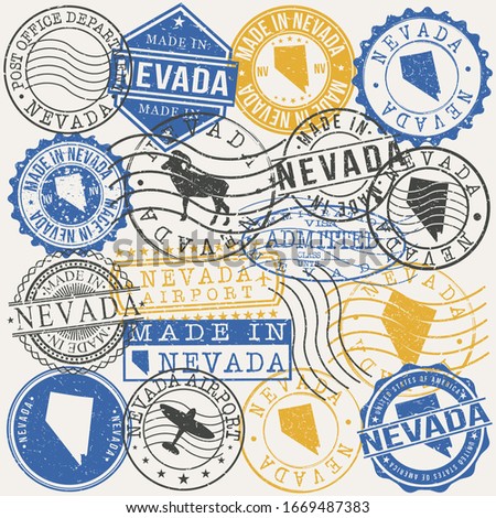 Nevada, USA Set of Stamps. Travel Passport Stamps. Made In Product. Design Seals in Old Style Insignia. Icon Clip Art Vector Collection.