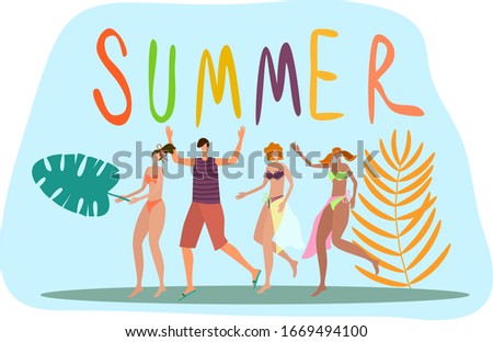 Flat vector illustration.Cheerful young people are happy that summer has come .Concept of sea, beach, vacation and summer.