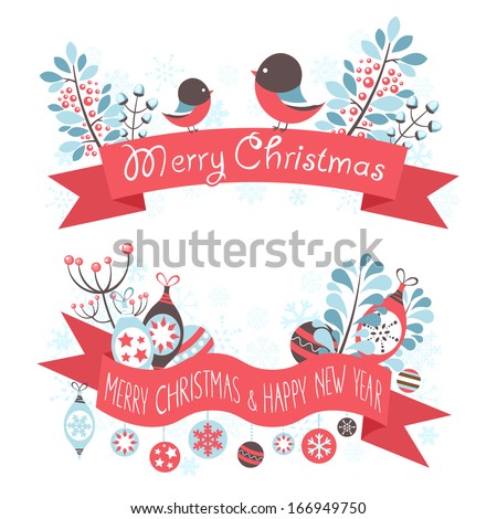 Elegant Christmas greeting banners with decorative winter elements - snowflakes, bullfinch birds and toy baubles