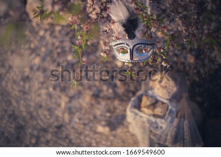 White carnival mask with feathers, a white lace fan and a basket with triangle Purim cookies with copy space on the outdoor nature background, Purim greeting postcard concept