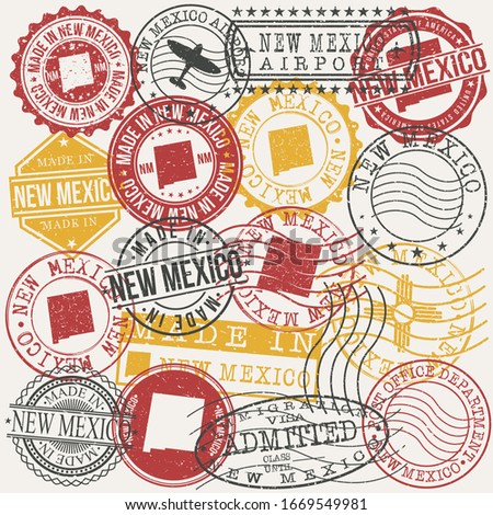 New Mexico, USA Set of Stamps. Travel Passport Stamps. Made In Product. Design Seals in Old Style Insignia. Icon Clip Art Vector Collection.