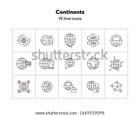 Continents line icon set. Globe, world, person, briefcase, handshake. Foreign affairs concept. Can be used for topics like global business, transaction, networking