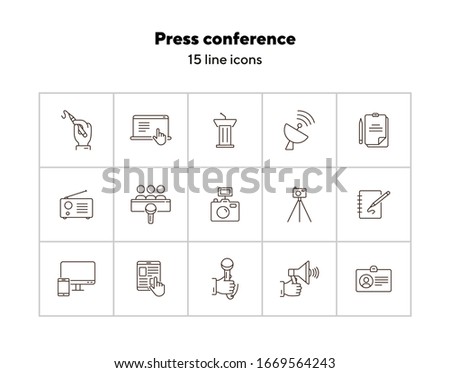 Press conference icons. Line icons collection on white background. Interview, tribune, radio. Journalism concept. Vector illustration can be used for topics like media, communication, broadcast
