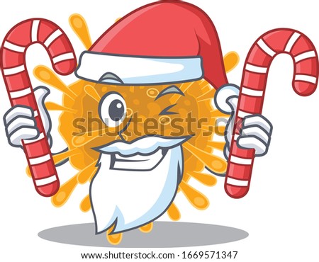 Friendly coronaviruses in Santa Cartoon character having candies