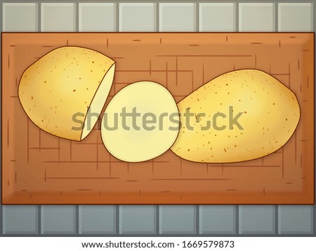 Whole potato, potato cut in half and slice of potato on a wooden cutting board, preparing food in the kitchen