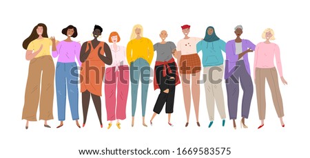 Goup of different ethnicity and cultures women standing together. Womens collective, friendship, union
