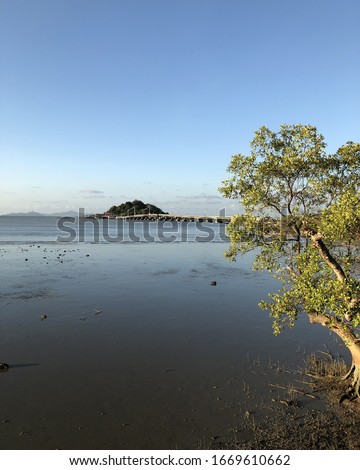 Scenic view of seashore against blue sky during low tide 