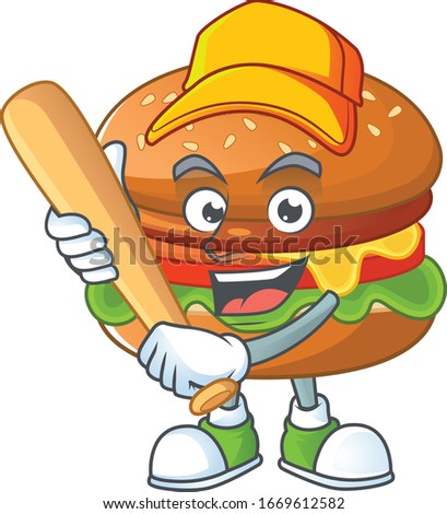 Cartoon design of hamburger having baseball stick