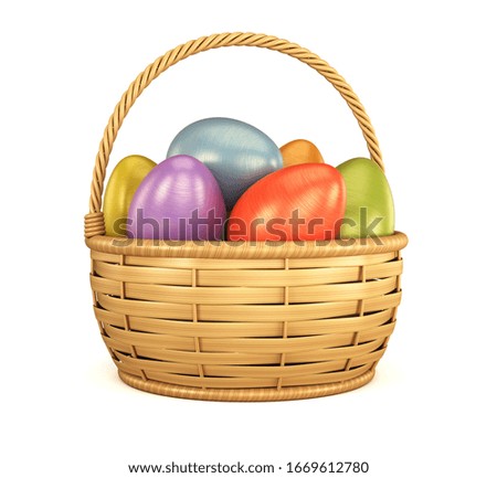 Easter beautiful eggs in a basket on a white background. 3d render illustration.