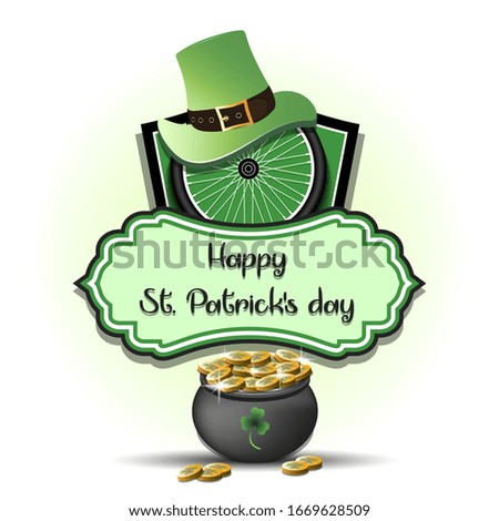Happy St. Patricks day. Bicycle logo template design. Bicycle wheel with St. Patrick hat and pot with gold. Pattern for banner, poster, greeting card, party invitation. Vector illustration