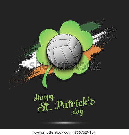 Happy St. Patrick's day. Volleyball ball and clover against the background of the Irish flag. Pattern for banner, poster, greeting card, party invitation. Vector illustration