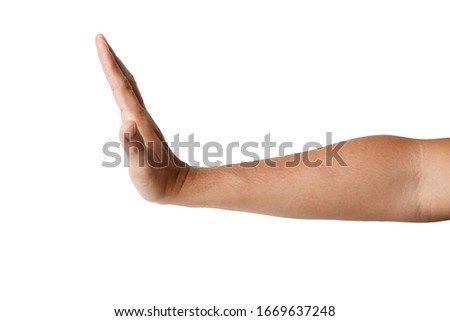 Male Asian hand gestures isolated over the white background. Touch Action. Pushing.