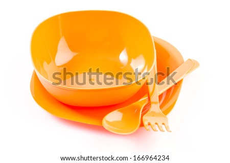 Color plastic tableware dishes , spoon , fork