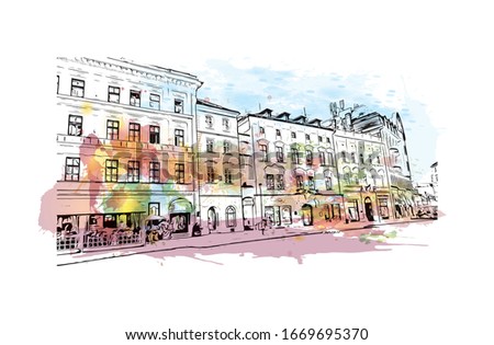 Building view with landmark of Olomouc is a city in the eastern province of Moravia in the Czech Republic. Watercolor splash with Hand drawn sketch illustration in vector.