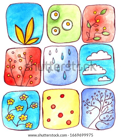 set of nine simple multi-colored watercolor drawings on the theme of summer