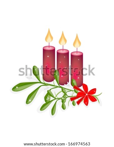 Mistletoe Bunch or Viscum Album with A Christmas Red Ribbon For Christmas Celebration, Isolated on White Background 