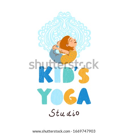 Vector colorful kids yoga studio logo with illustration of little girl doing yoga isolated on white background