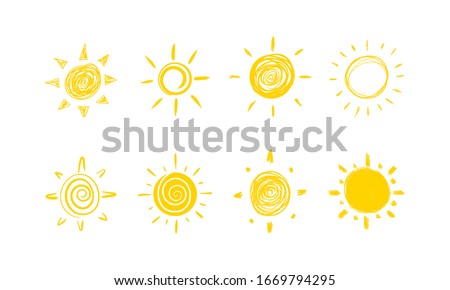 Set of yellow suns in Flat design isolated on a white background. Set of funny icons sun doodle. Modern simple flat sunlight sign. Vector illustration, EPS 10.