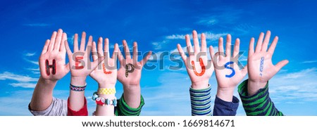 Children Hands Building Word Help Us, Blue Sky