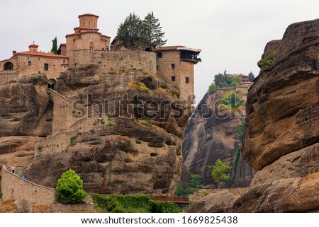 Great Meteoron Monastery. Beautiful scenic view, ancient traditional greek building on the top of huge stone pillar in Meteora, Eastern Orthodox Church, Pindos, Thessaly, Greece, Europe. 