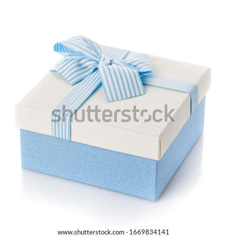 Blue gift box with ribbon and bow on white background. The concept of a holiday, birthday, the eighth of March,mother's day.