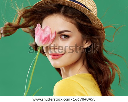Green background pink flower attractive woman portrait
