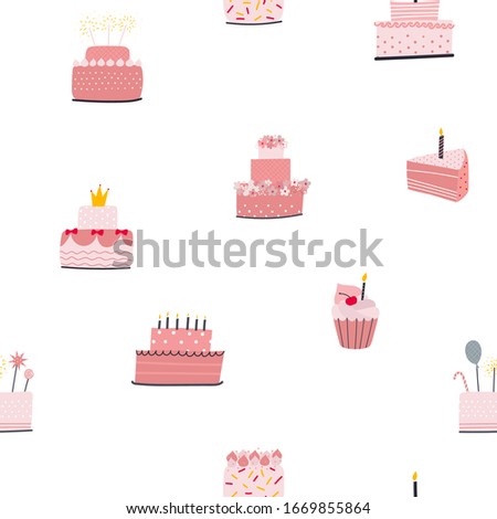 Happy Birthday cakes seamless pattern. Simple flat vector surface illustration cartoon style. Festive party celebration hand drawn cute present picture graphic design clip art element digital paper.