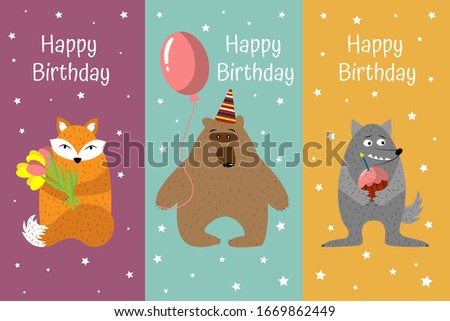Cartoon fox with flowers, wolf with cupcake, bear with balloon. Cards for birthday, holiday. Collection, set