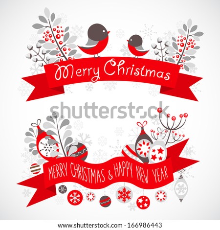 Elegant Christmas greeting banners with decorative winter elements - snowflakes, bullfinch birds and toy baubles