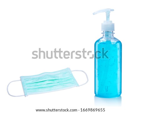 Hygienic face mask and Alcohol gel Sanitizer hand gel cleaners for anti Bacteria and virus on White Background, People using alcohol gel to wash hands to prevent COVID-19 virus Royalty-Free Stock Photo #1669869655