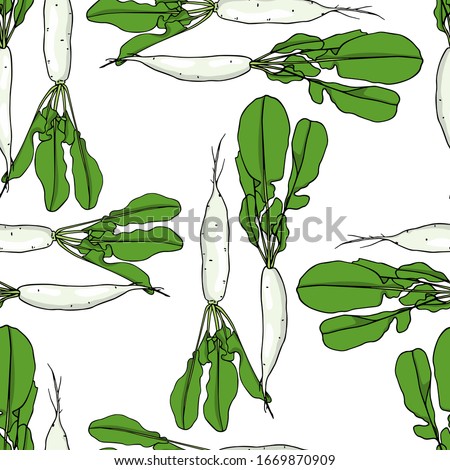 Vector seamless pattern with hand drawn raw White Icicle radish. Beautiful food design elements, ink drawing. Perfect for prints and patterns Royalty-Free Stock Photo #1669870909