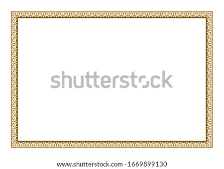 Rectangular empty wooden and gold gilded frame isolated on white background