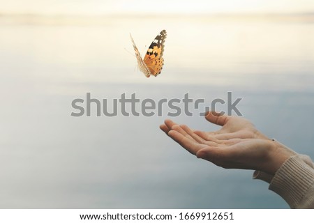 butterfly flies free from a woman's hand Royalty-Free Stock Photo #1669912651