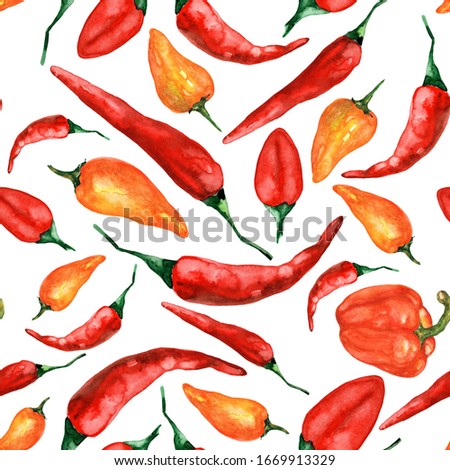 Seamless pattern of yellow, red and orange sweet peppers on a white background. High resolution watercolor illustrations.